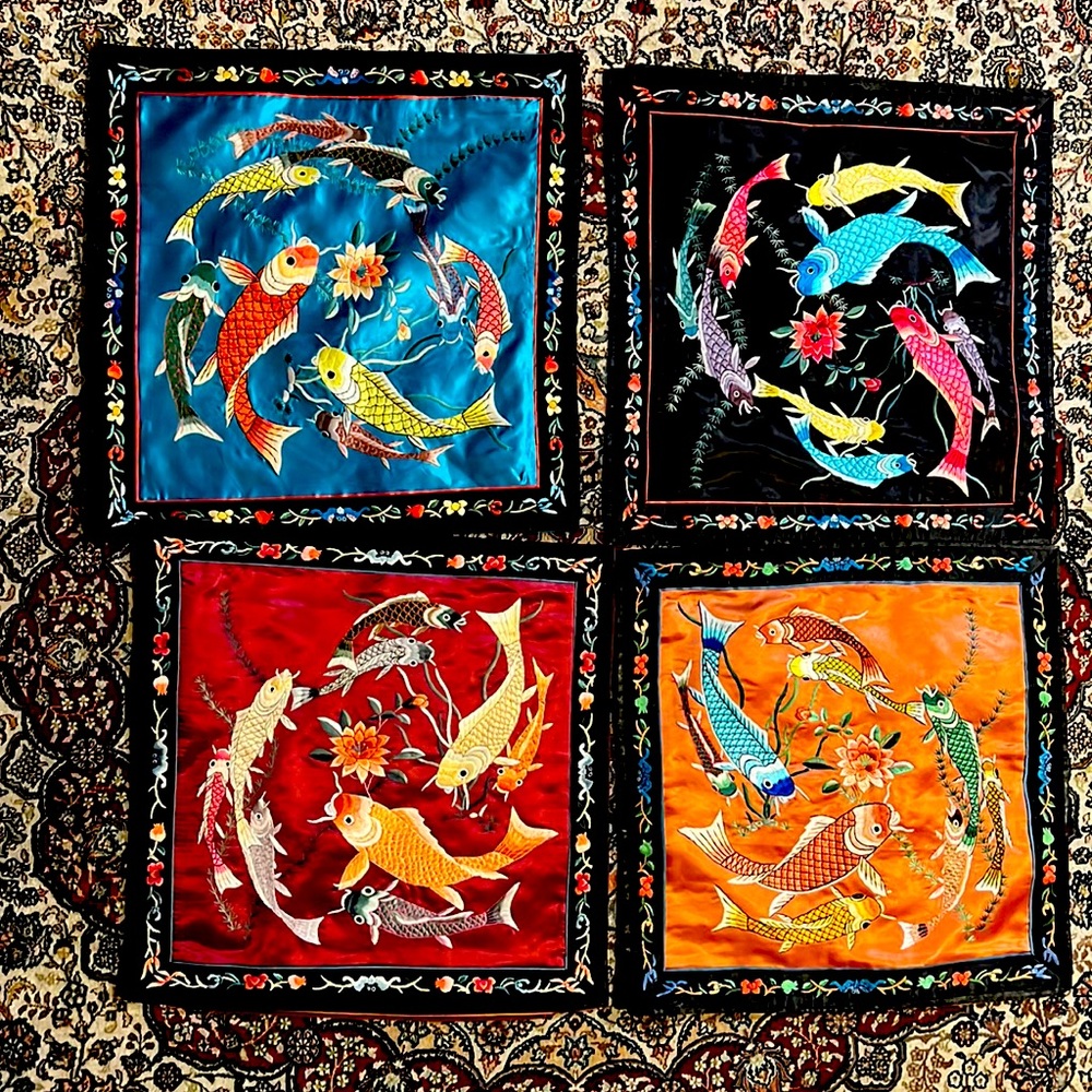 Fine Embroidery Koi Fish Lotus Silk Cover Cushion Pillow Cases - four in a set